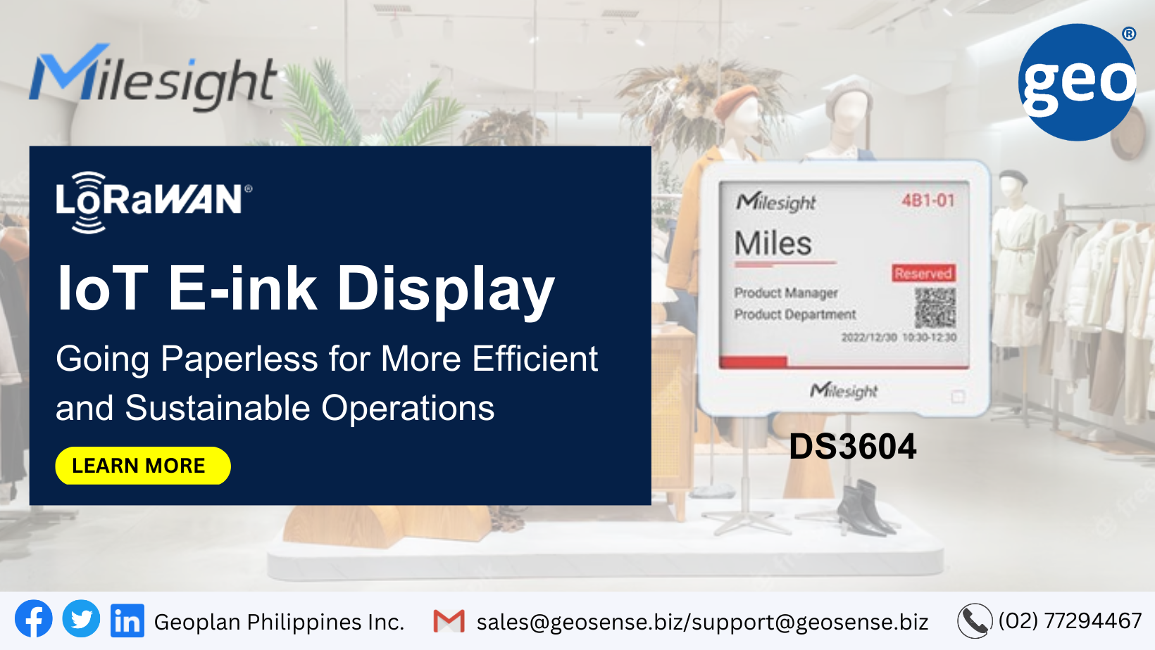 Milesight IoT: E-ink Display DS3604  offers a more efficient and sustainable operations for offices, warehouses, retail stores, hospitals, laboratories and libraries.